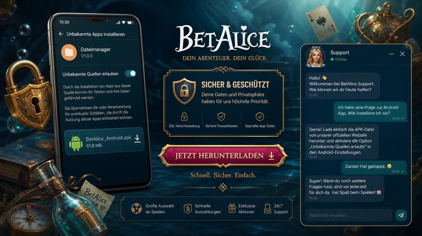 Ein Smartphone zeigt den Android APK-Download mit BetAlice App und Hinweis „Unbekannte Quellen erlaubt“. Ein Schloss symbolisiert Sicherheit.