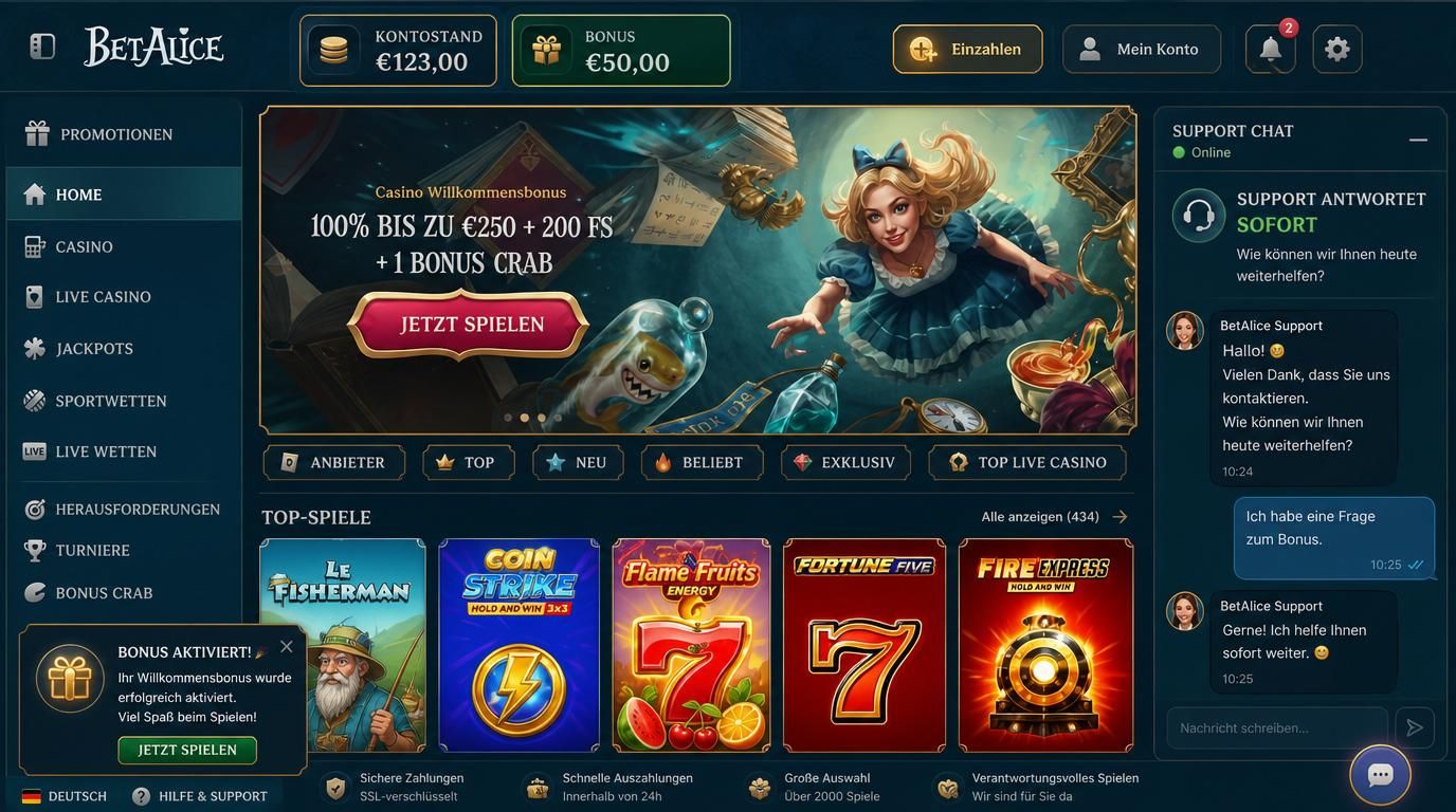 Dashboard der BetAlice App zeigt Kontostand und Bonus klar sichtbar, daneben eine Support-Antwort in einem Chatfenster.