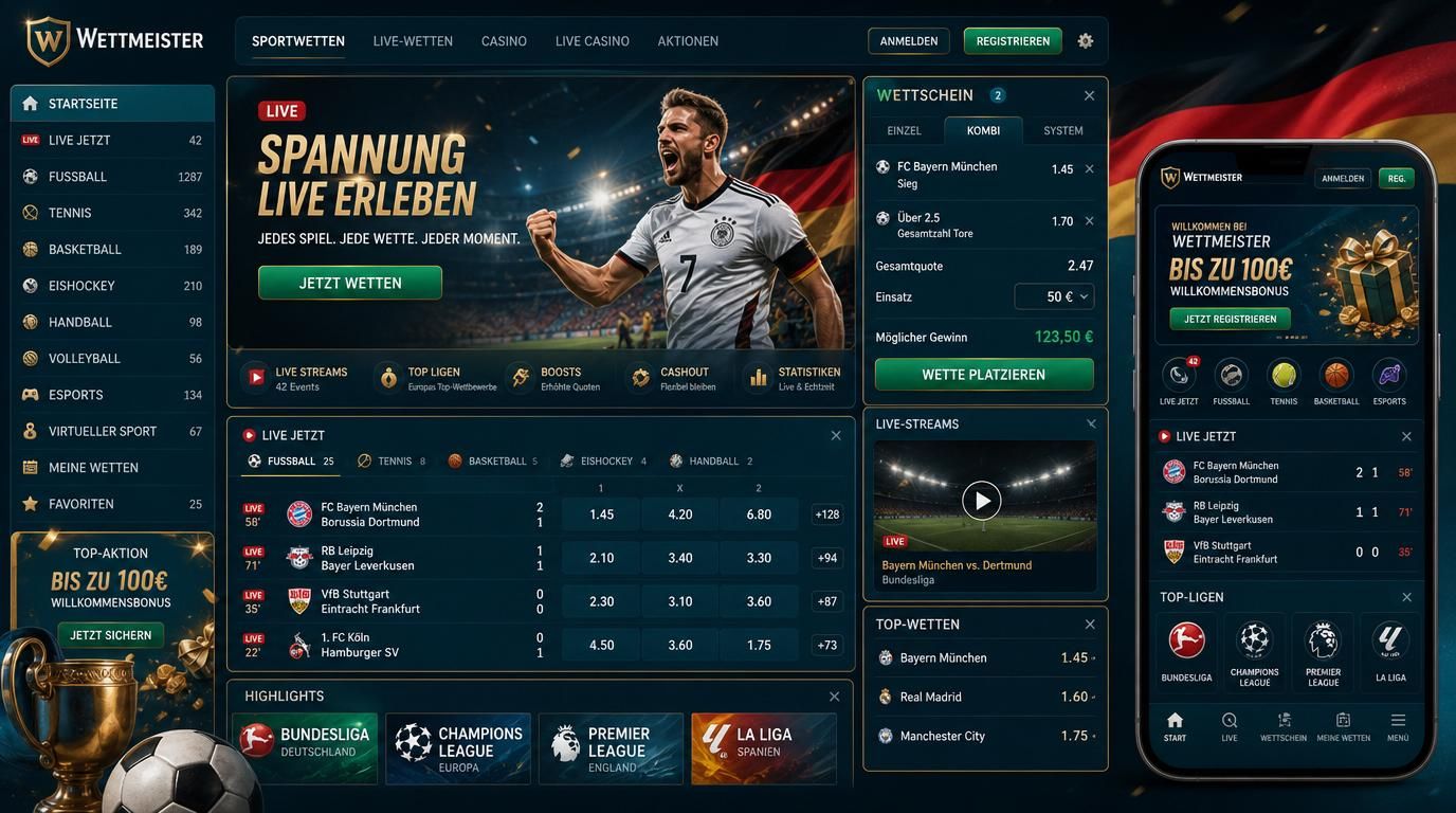 Ein modernes Wettinterface mit Live-Stream, Fußball und Mobile-App