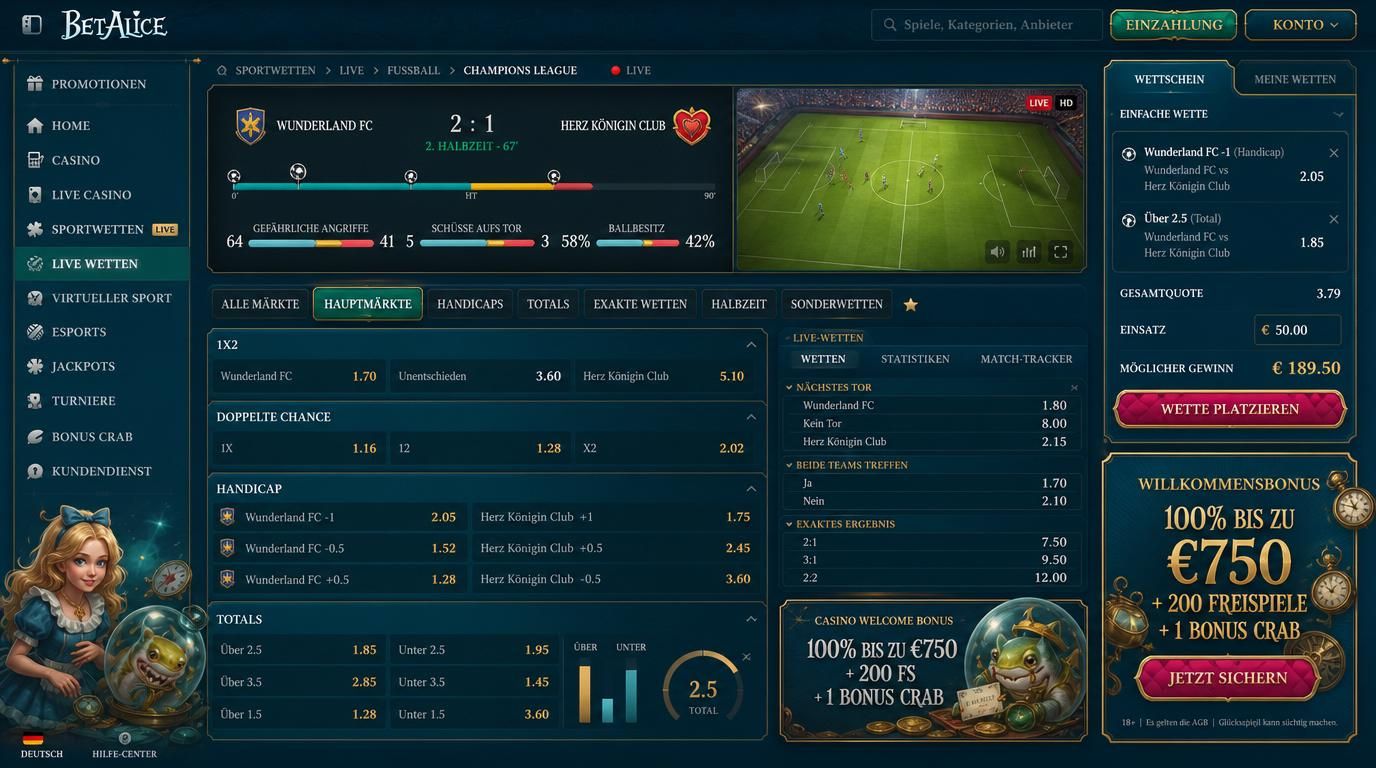 Casino-Interface mit Wettmarkt, Livewetten und Bonusanzeige.