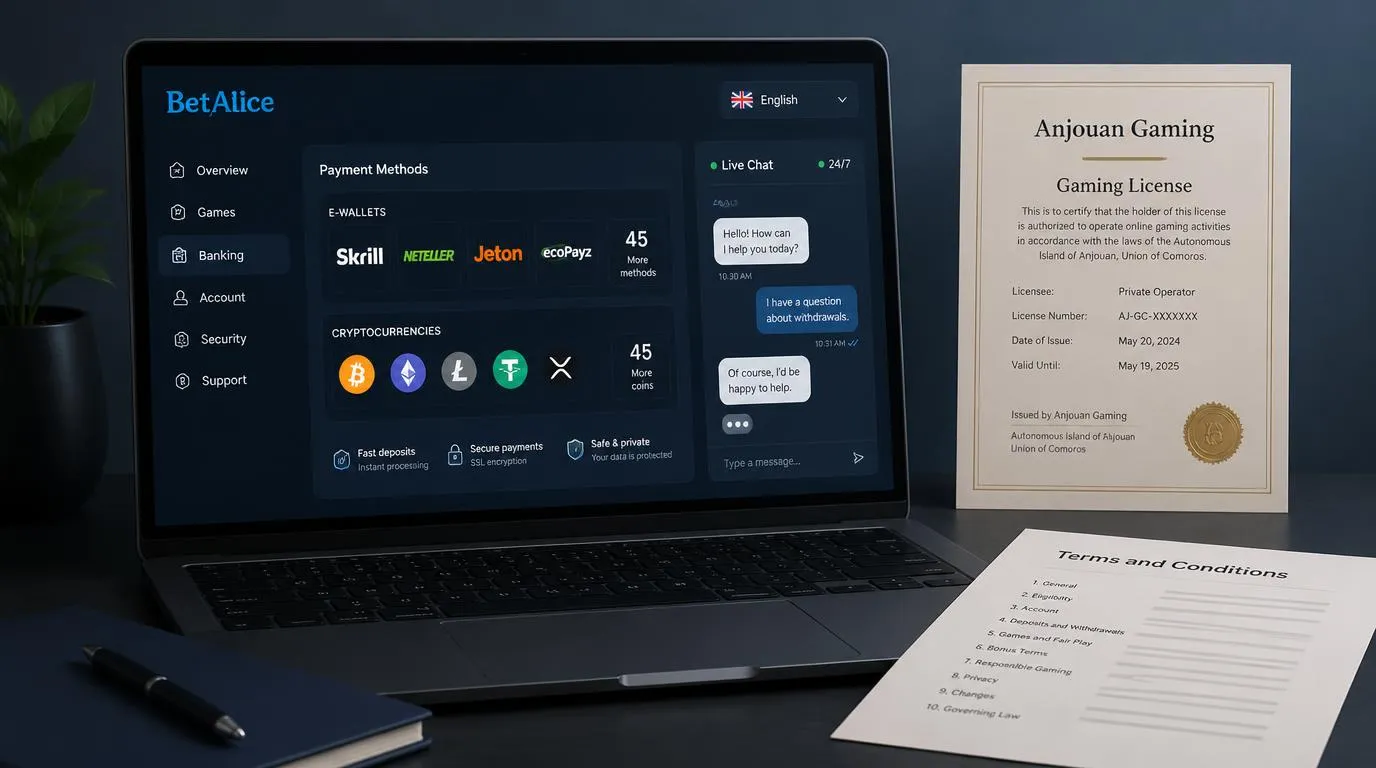 Casino-Oberfläche mit Zahlungsarten, englischem Live-Chat und Informationen zur Glücksspiellizenz