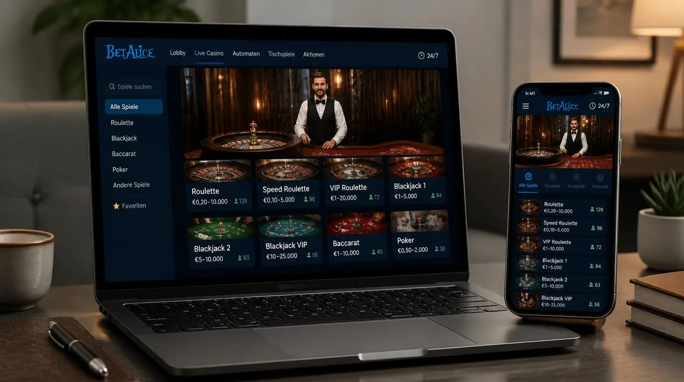 Live-Casino-Lobby auf Smartphone und Laptop mit Tischübersicht, Einsatzgrenzen und Videostream